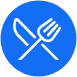 A blue circle with an image of a fork and knife.