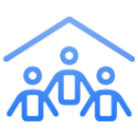 A blue icon of three people standing under an umbrella.